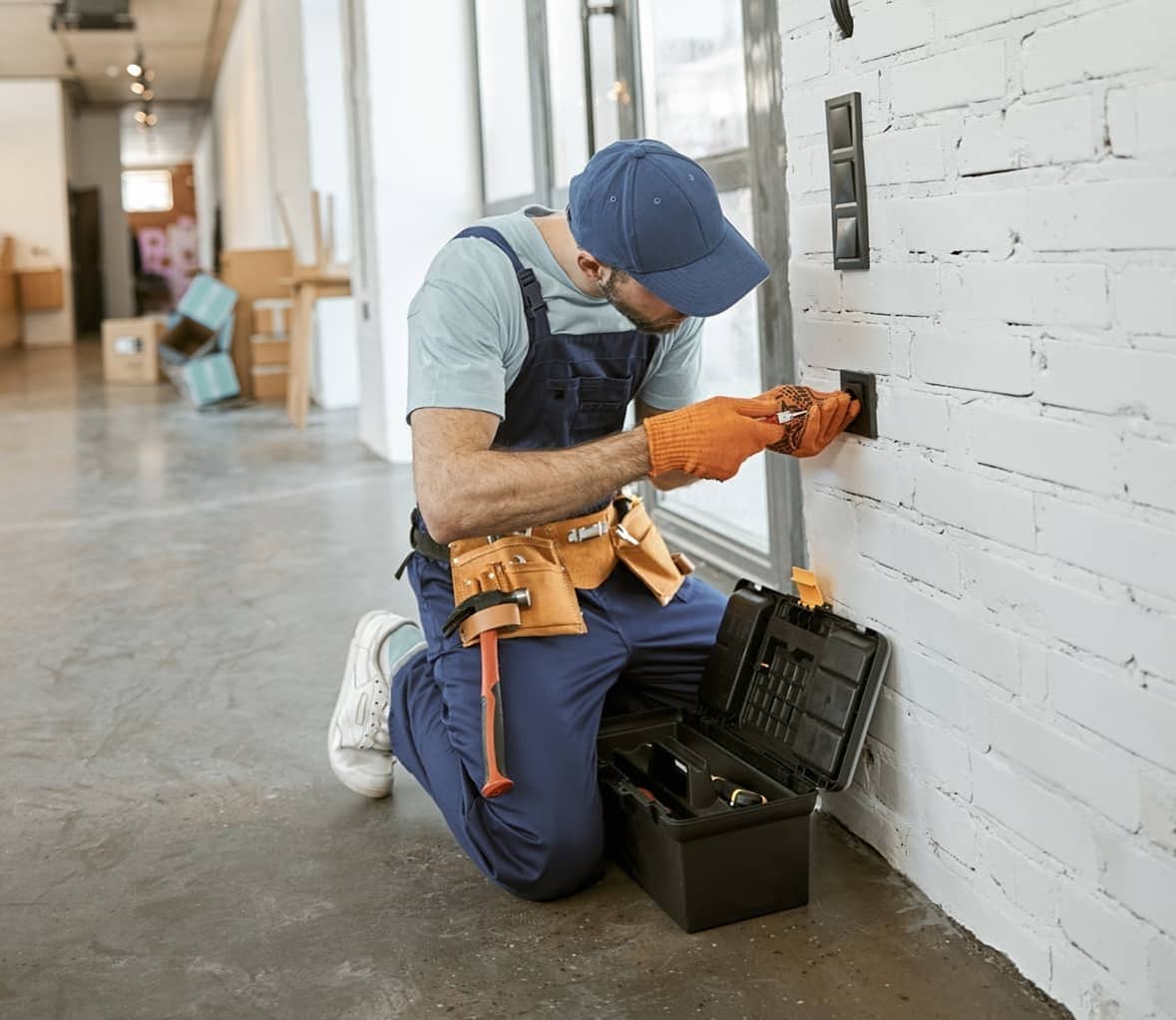 Hausmeister bei der Arbeit in München, der sich um die Instandhaltung eines Gebäudes kümmert, indem er elektrische Schalter prüft.